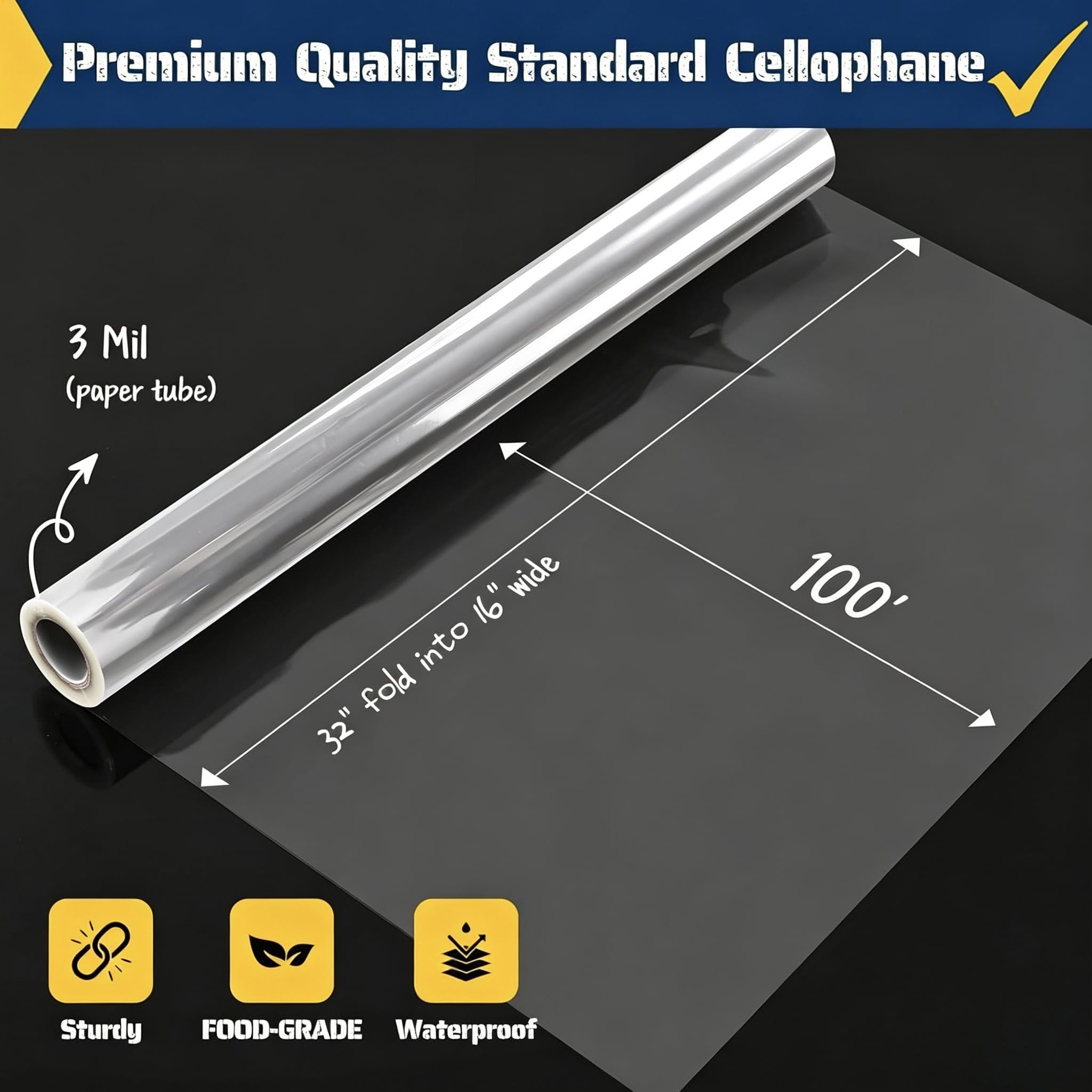 Vanhench Clear Cellophane Wrap, 16" x 200' 3Mil Thick Cellophane Wrap Roll for Gift Basket Treats Goodie Bouquet Flower Wrapping, Clear Plastic Wrap for Gifts Table Covering Packing Supplies