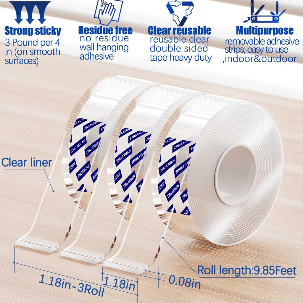ZMUAXUAN Strong Nano Double Sided Tape Heavy Duty Mounting,Clear Removable Wall Sticky Adhesive Strips,Reusable Thick Gel Grip for Hanging Picture,Poster,Carpet,Photo