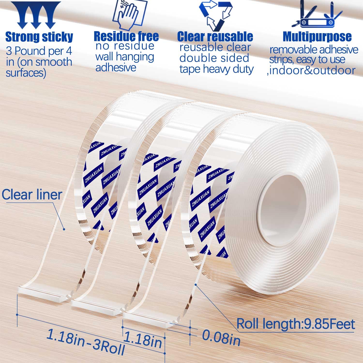 ZMUAXUAN Strong Nano Double Sided Tape Heavy Duty Mounting,Clear Removable Wall Sticky Adhesive Strips,Reusable Thick Gel Grip for Hanging Picture,Poster,Carpet,Photo