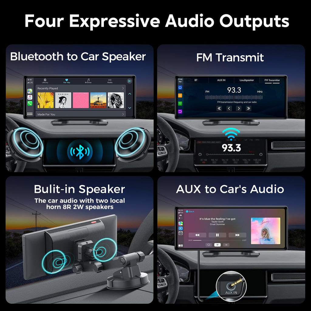 JATAZA 10.26" Wireless Apple Carplay Screen for Car, Secure Strong Bracket, Portable Apple CarPlay& Android Auto Car Stereo with GPS Navigation, Bluetooth, Mirror Link, Voice Control,Fits All Vehicles