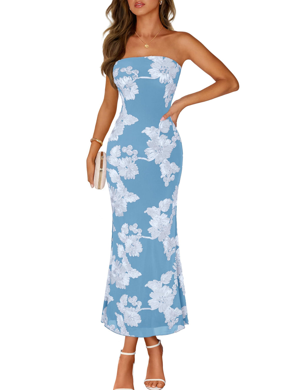 MEROKEETY Women's Floral Strapless Maxi Dress 2026 Summer Mesh Tube Bodycon Formal Wedding Guest Cocktail Party Long Dresses