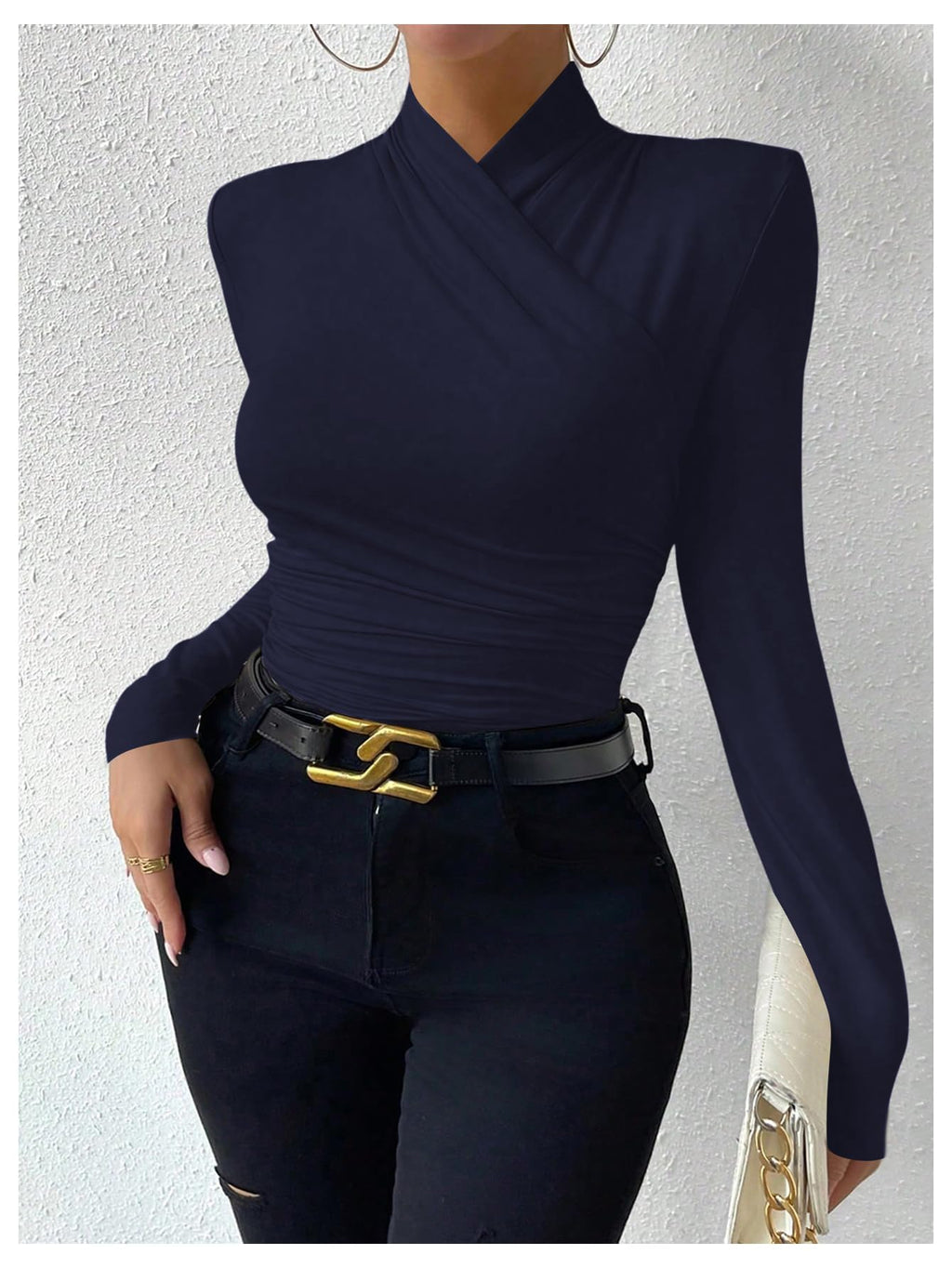 SweatyRocks Women's Ruched Mock Neck Long Sleeve T Shirt Solid Slim Fitted Tee Tops