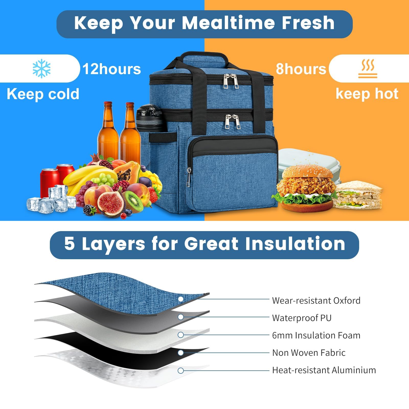 holuxer Insulated Lunch Bag & Lunch Box for Men - Double Deck Reusable Lunch Bag for Women Tote Cooler Bag Leakproof Soft Expandable - Large Lunchbox for Work/Adult/Picnic/Outdoor (Black，15L)