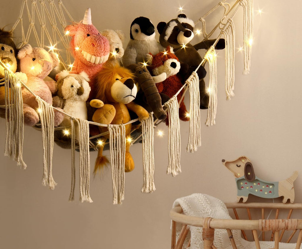 Stuffed Animal Hammock Corner with LED Light - Toy Storage Hammock Plushie Net Large - Cute Stuff Animals Holder Hanging Organizer - Baby Room Decor Kids Toddler Nursery Bedroom Boho