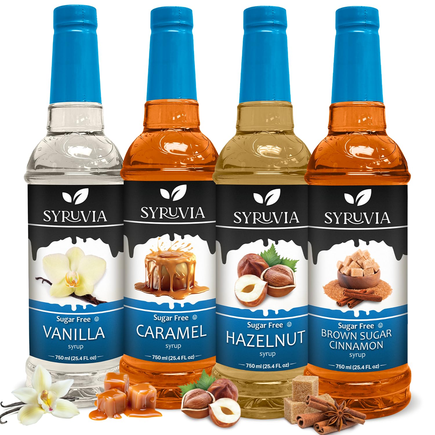 Syruvia Sugar Free Coffee Syrup Variety Pack: Vanilla, Caramel, Hazelnut, and Brown Sugar Cinnamon - Gluten-Free, Kosher, 25.4 fl oz Bottles - Enhance Your Coffee Experience,