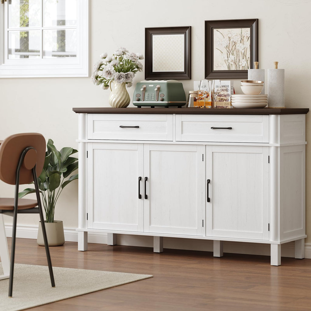 ONBRILL 48 Inches Buffet Cabinet with Storage, Farmhouse Sideboard Buffet w/2 Drawers and 3 Doors, Wood Coffee Bar Cabinet with Adjustable Shelves, Sideboard Storage for Kitchen, Living Room, Black