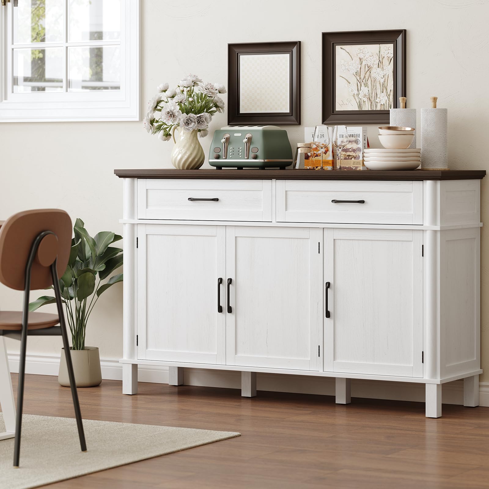 ONBRILL 48 Inches Buffet Cabinet with Storage, Farmhouse Sideboard Buffet w/2 Drawers and 3 Doors, Wood Coffee Bar Cabinet with Adjustable Shelves, Sideboard Storage for Kitchen, Living Room, Black