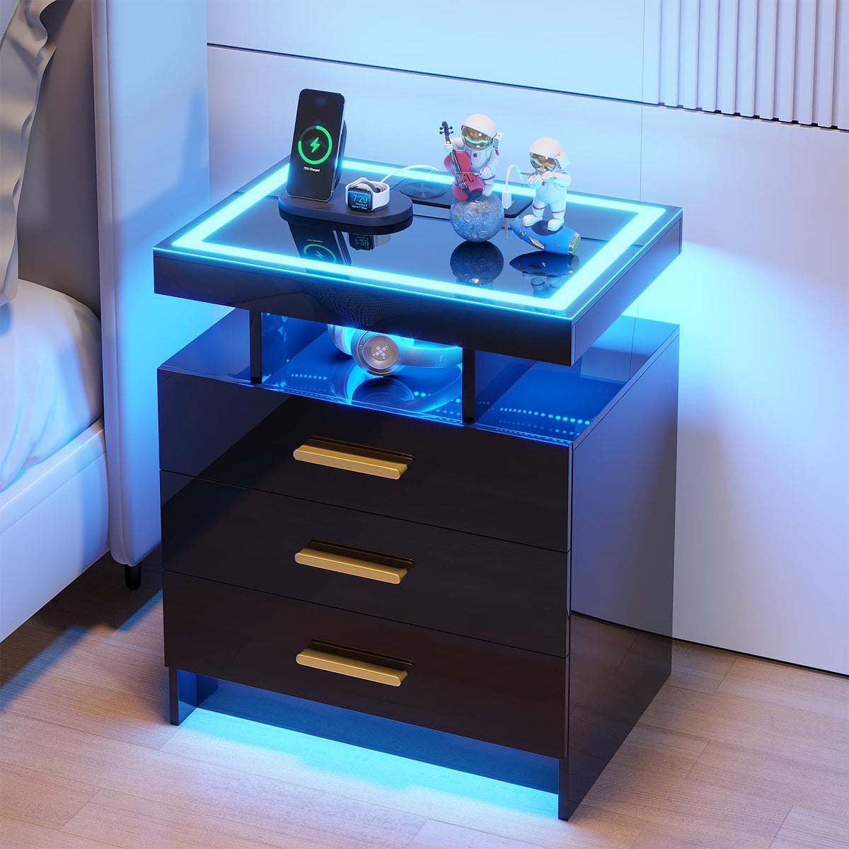 HNEBC LED Nightstand with Charging Station,Smart Bedside Table with Motion Sensor Lights,3 Drawers,Tempered Glass Top,High Gloss End Table with 3 Color Lights for Bedroom, Living Room,Office-Black