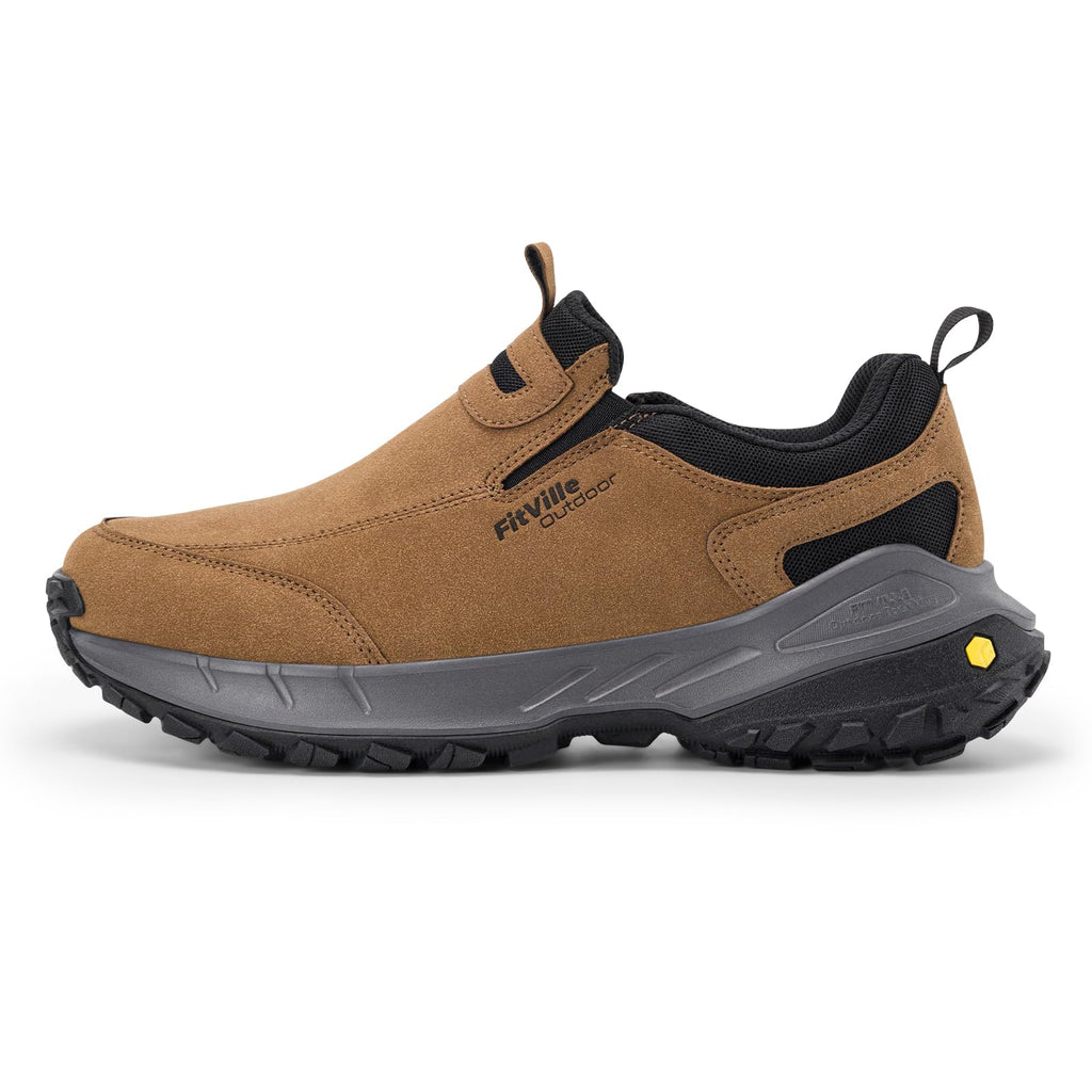 FitVille Wide Slip on Shoes for Men Hiking Walking Shoes Trekking Loafer with Arch Support | Slip Resistant | Wide Toe Box