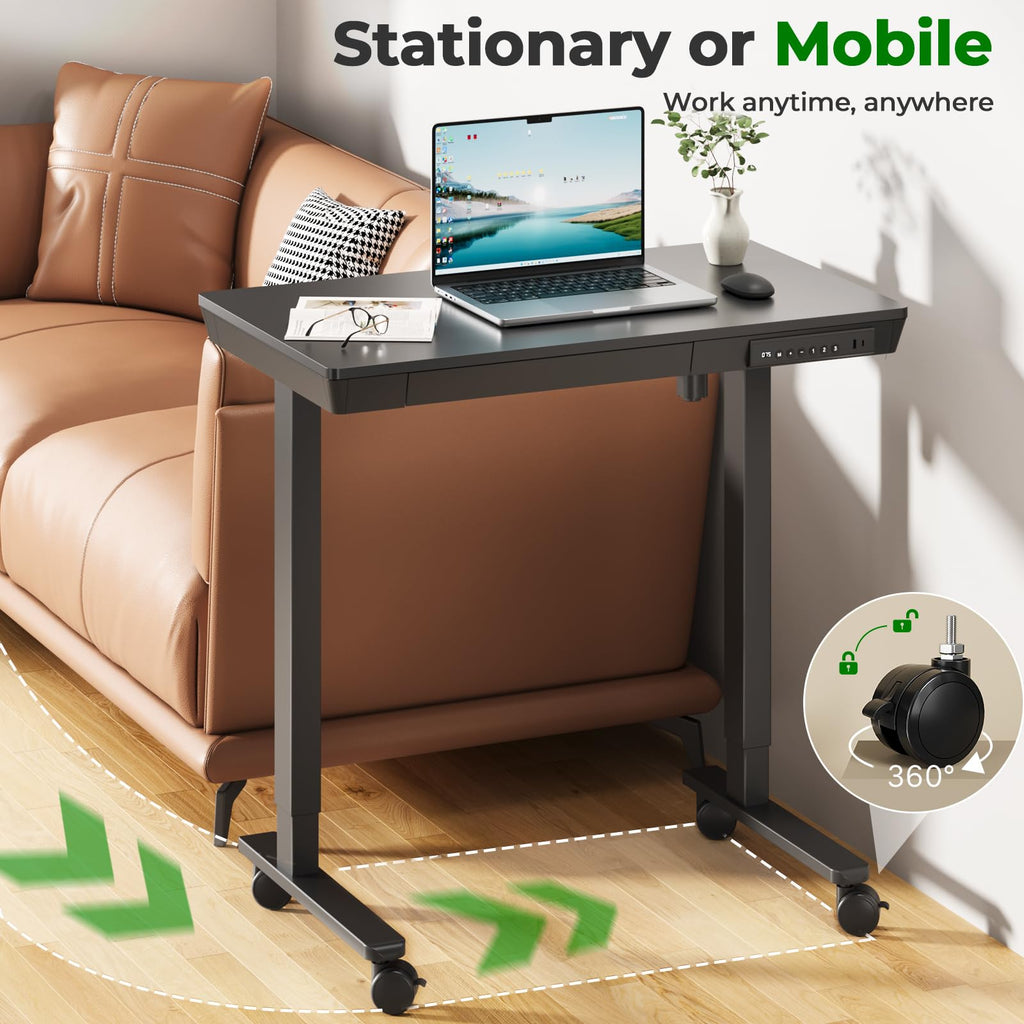 Glass Electric Standing Desk with Drawer, 35" x 20" Whole Piece Tabletop Samll Sit Stand Table, Height Adjustable Workstation with Storage & USB Ports, Quick Install Home Office Desk