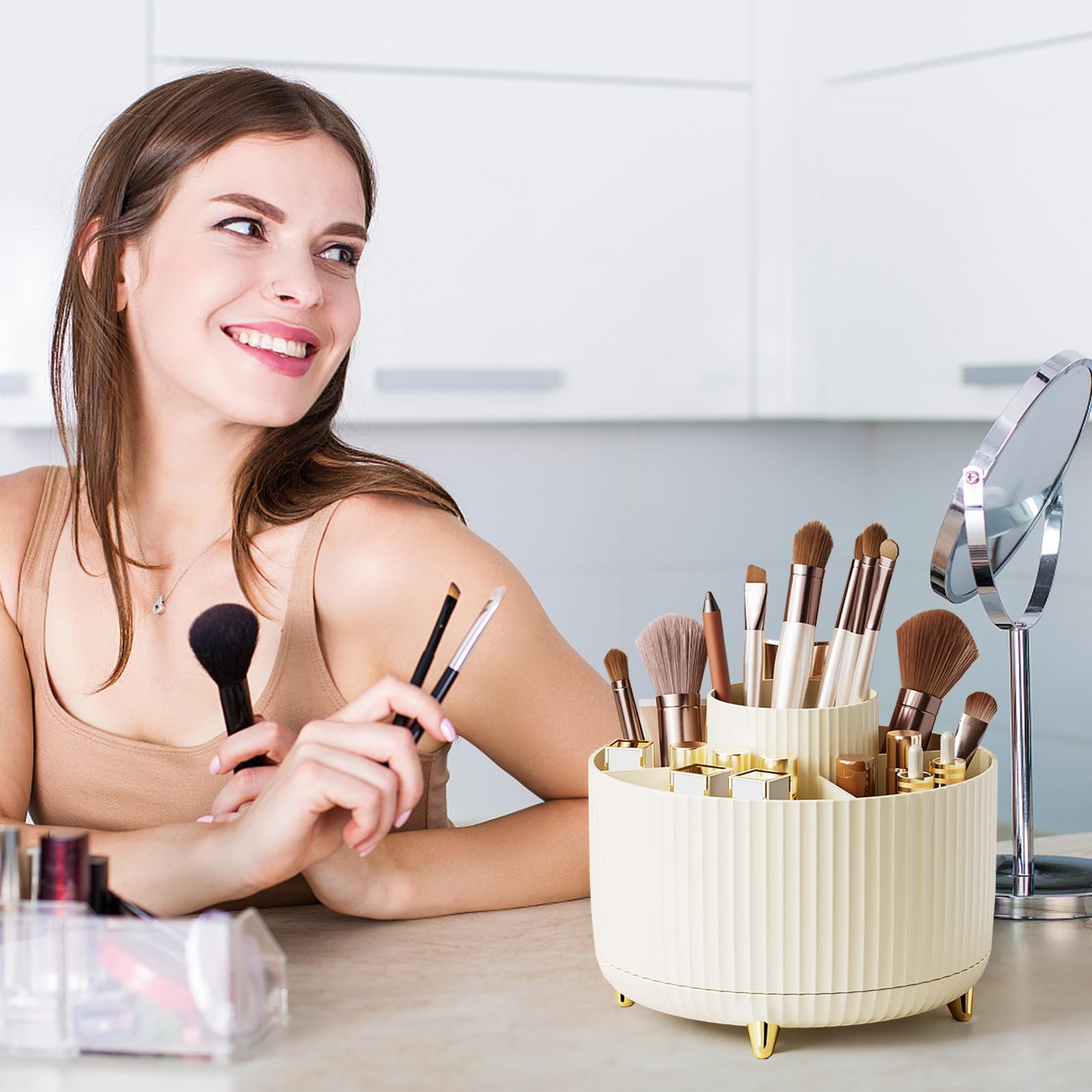 Makeup Brush Holder Organizer,360° Rotating Makeup Brush Organizer,5 Slot Make up Brushes Cup for Cosmetics, Nail Polish, Art Supply, Bathroom Vanity Desktop Organizer - Black