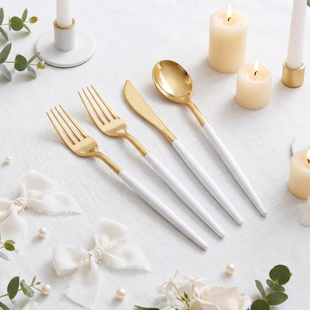 Supernal 102 Pcs Black and Gold Plastic Silverware Set,Heavy Duty Gold Disposable Cutlery for 34 Guests (34 Forks,34 Spoons,34 Knives),Elegant Plastic Flatware for Weddings,Parties & Upscale Events