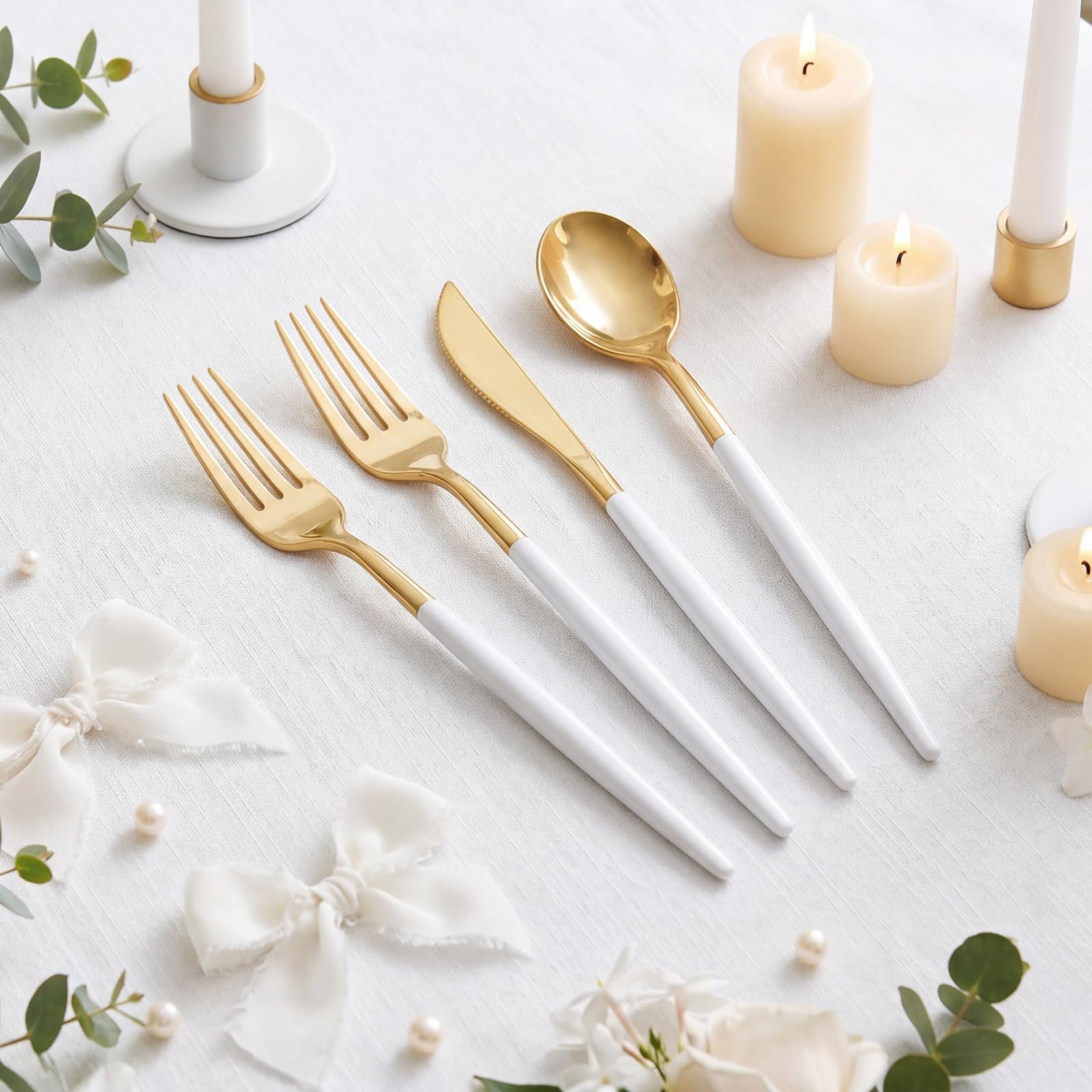 Supernal 102 Pcs Black and Gold Plastic Silverware Set,Heavy Duty Gold Disposable Cutlery for 34 Guests (34 Forks,34 Spoons,34 Knives),Elegant Plastic Flatware for Weddings,Parties & Upscale Events