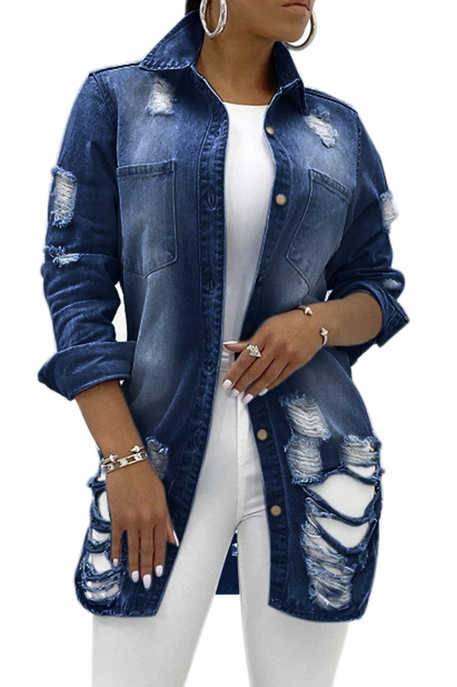 SeNight Women's Jean Jacket Long Sleeve Classic Distressed Fray Hem Tassels Denim Trucker Jackets