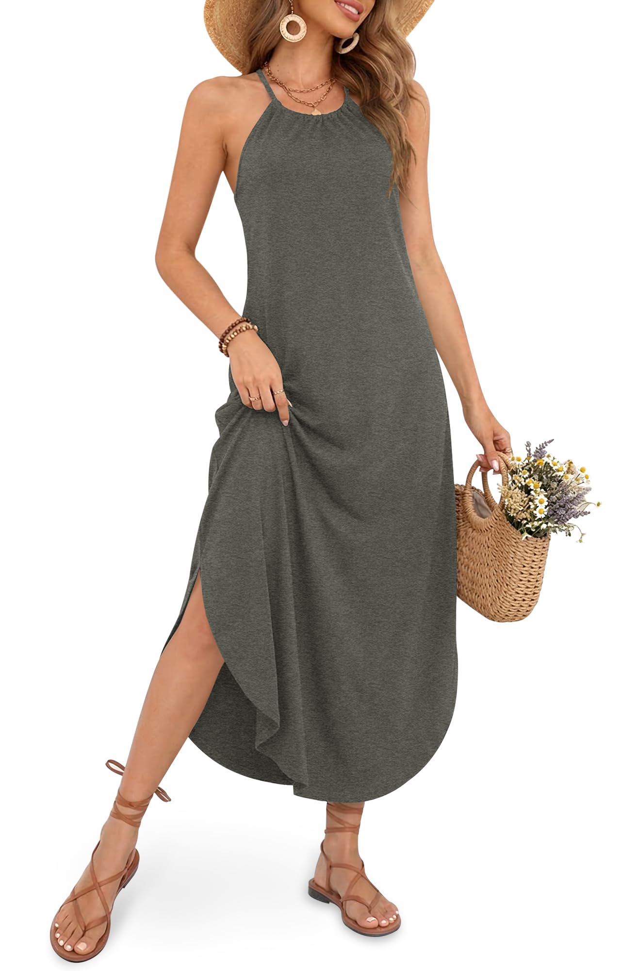 For G and PL Women's Summer Casual Halter Side Slit Maxi Beach Dress Resort Vacation Cruise Wear Sundress