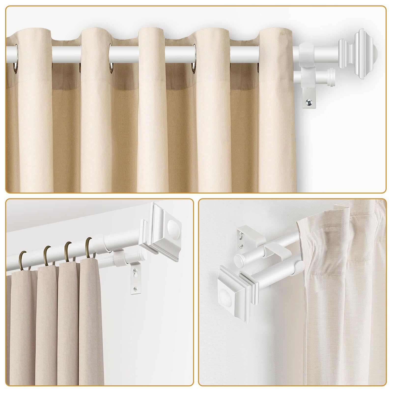 KAMANINA 1 Inch Double Curtain Rods 36 to 72 Inches (3-6 Feet) Telescoping Dark Silver Curtain Rod for Windows 24 to 68 Inches, Heavy Duty Drapery Rods with Square Finials