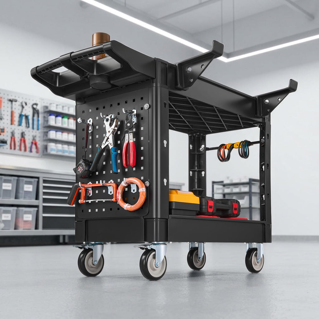 VEVOR Utility Service Cart, 2 Shelf 550LBS Heavy Duty Plastic Rolling Utility Cart, Medium Lipped Shelf, 360° Swivel Wheels, Ergonomic Storage Handle for Warehouse Garage, Black | Heavy Duty Rolling Cart with 360° Swivel Wheels, Medium Lipped Shelf, Ergon
