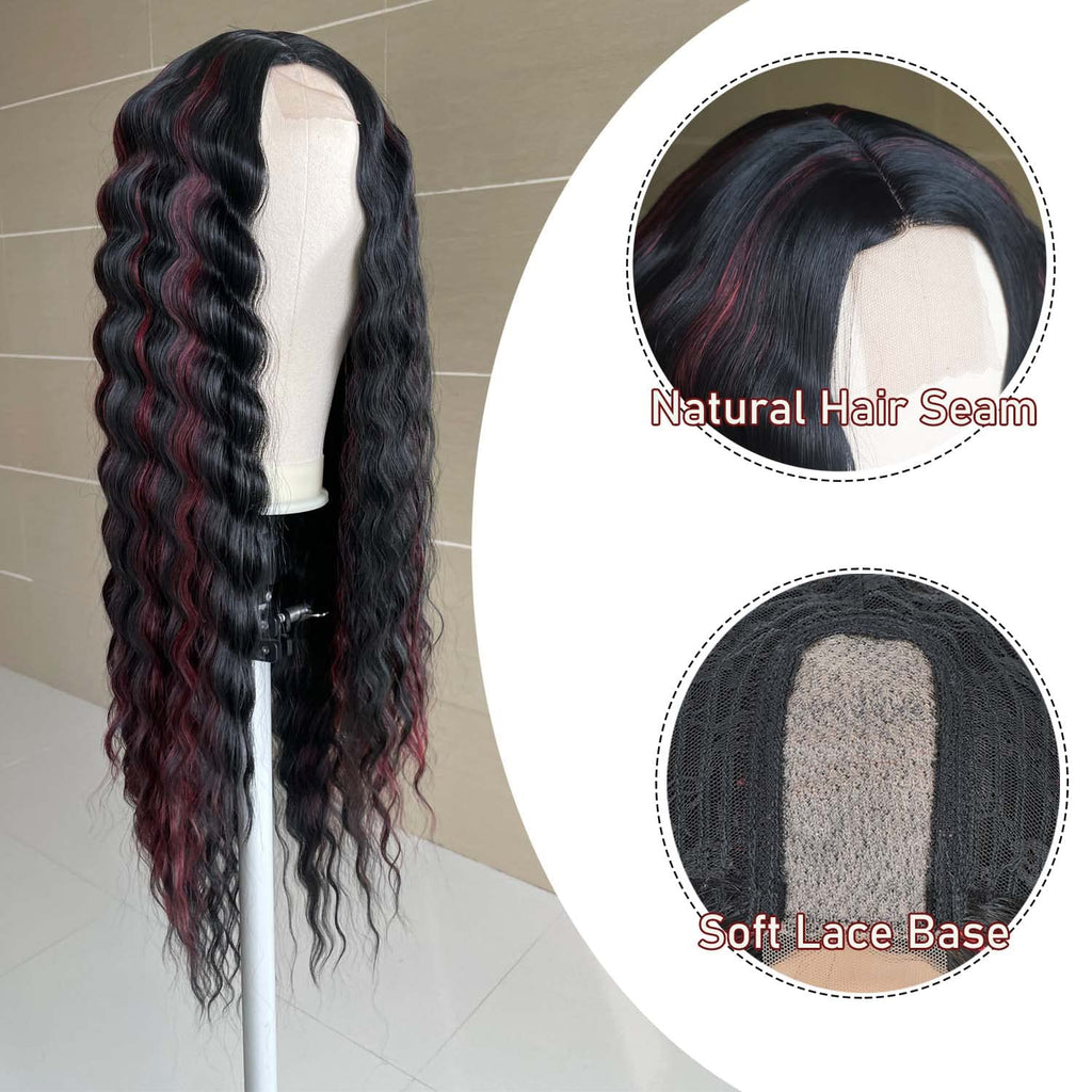 INSTASTYLE 30 Inch Synthetic Curly Wigs for Women Long Black Hair Wig Lace Front 4" Simulated Scalp Natural Loose Deep Wave Crimps Curls Wig As Hair Replacement Wigs 1B