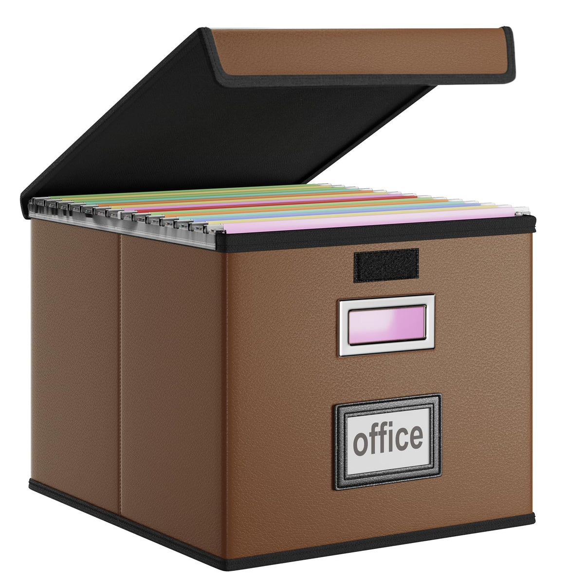 File Organizer Box with Lid, Collapsible Faux Leather Hanging File Folder Box Organizer with Plastic Slides, Decorative Home/Office Filing System Boxes for File and Folders Storage
