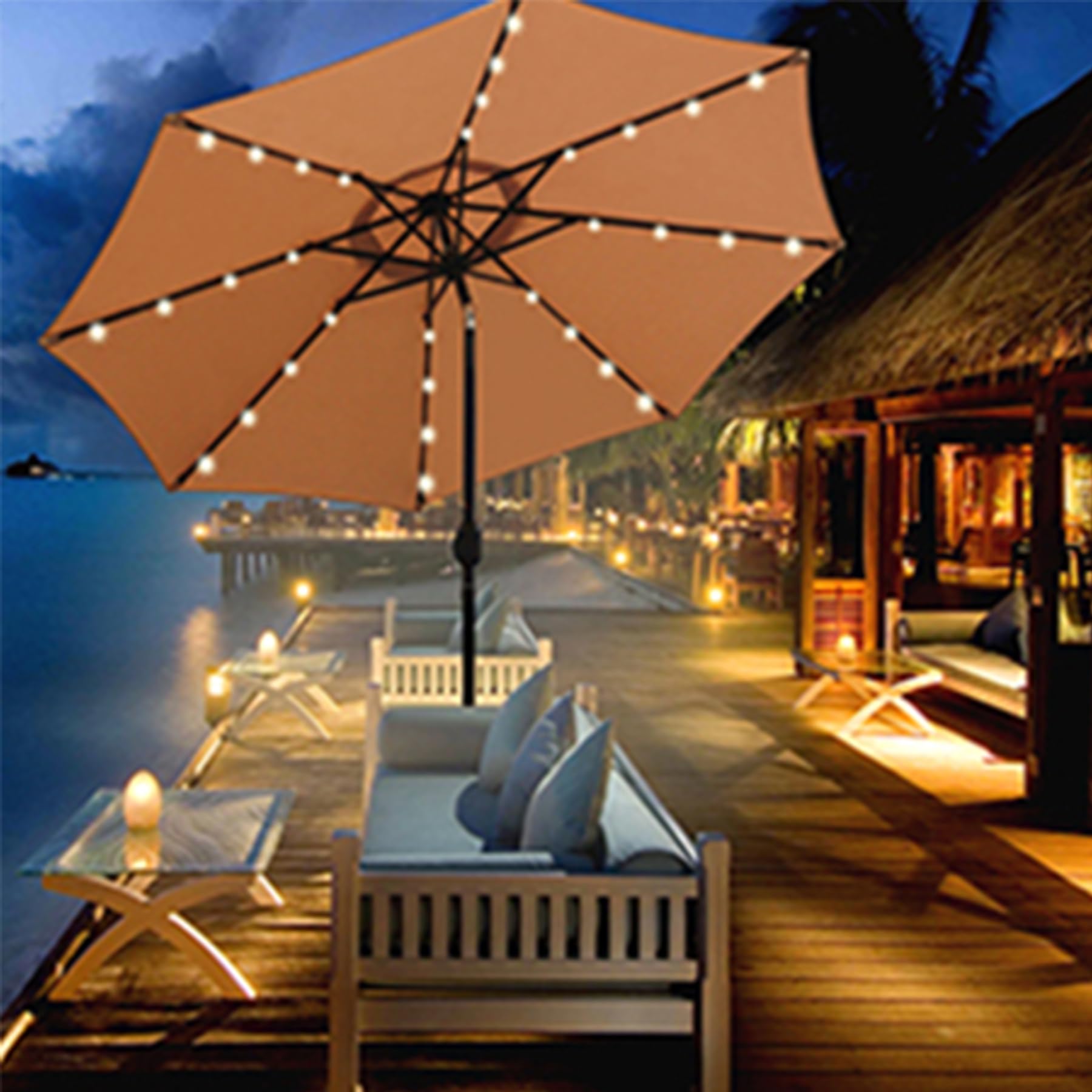 Blissun 9 ft Solar Umbrella, 32 LED Lighted Patio Umbrella, Table Market Umbrella, Outdoor Umbrella for Garden, Deck, Backyard, Pool and Beach (Light Blue)