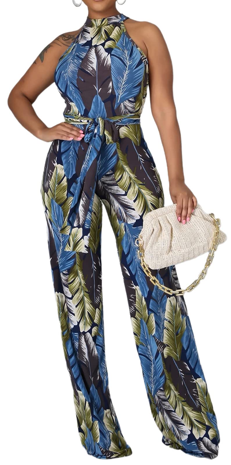Jumpsuit for Women Sexy Elegant Long Straight Pants Cocktail Printing Jumpsuits Party Club with Zipper
