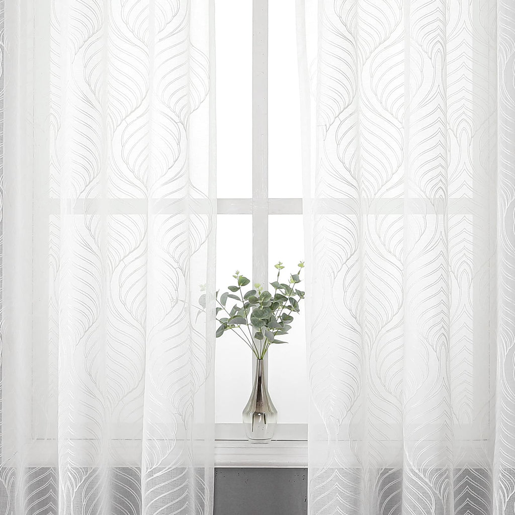 VISIONTEX Sheer Curtains 63 Inches Long 2 Panels Set, Beige and Ivory Moroccan Embroidery Texture Geometric Rod Pocket White Voile Tulle Semi Window Treatment Pair for Bedroom, W54 x L63