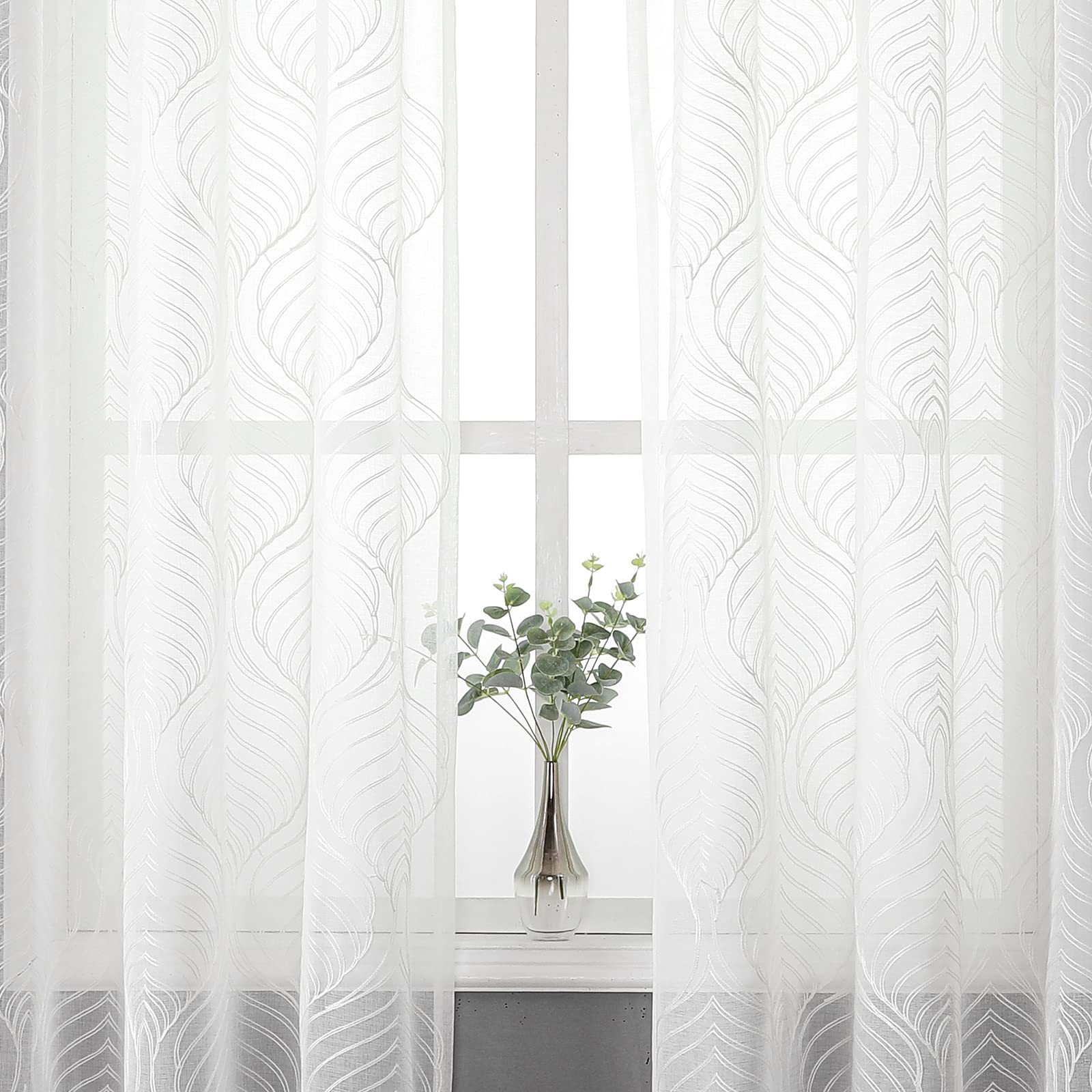 VISIONTEX Sheer Curtains 63 Inches Long 2 Panels Set, Beige and Ivory Moroccan Embroidery Texture Geometric Rod Pocket White Voile Tulle Semi Window Treatment Pair for Bedroom, W54 x L63