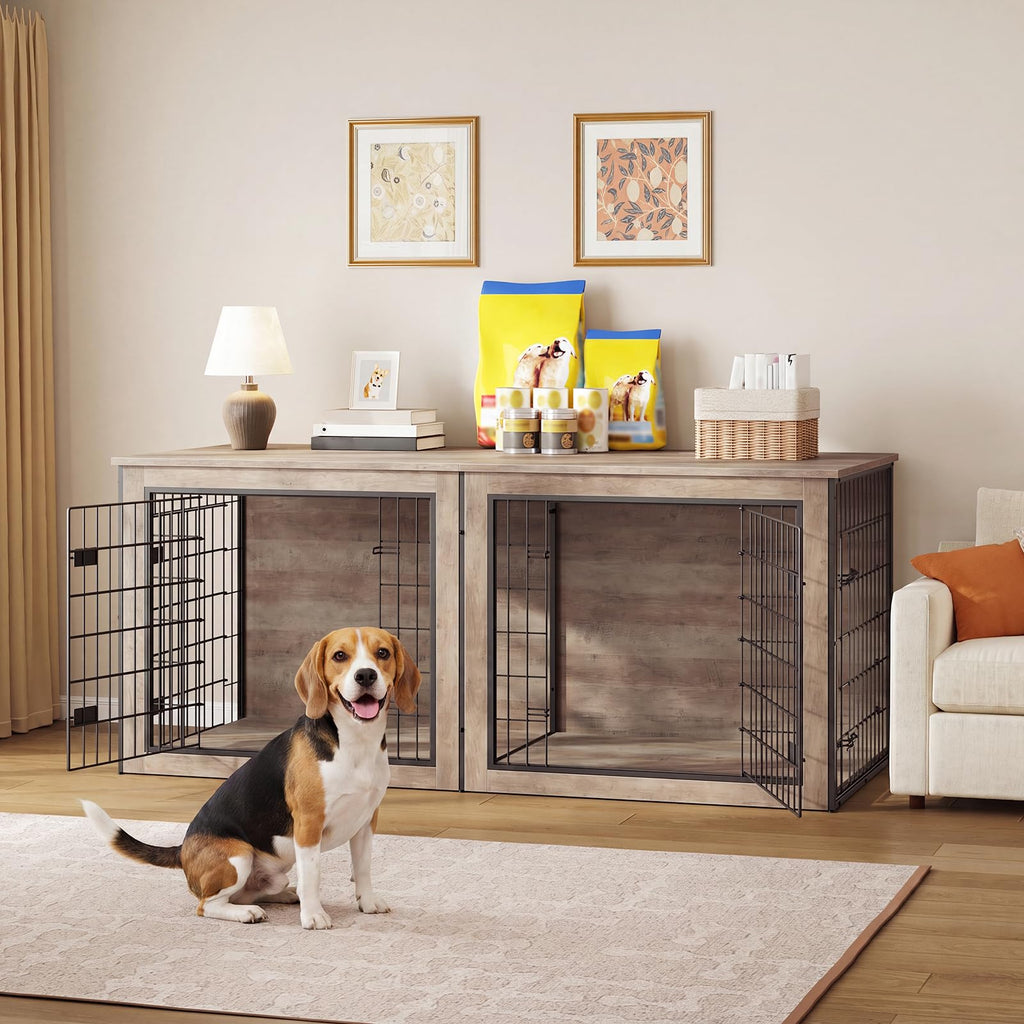 HOOBRO Dog Crate Furniture for 2 Dogs, 63" Large Double Dog Crate Furniture with Divider, Wooden Indoor Kennel TV Stand for Medium Large Dogs, Rustic Brown BF55GW03