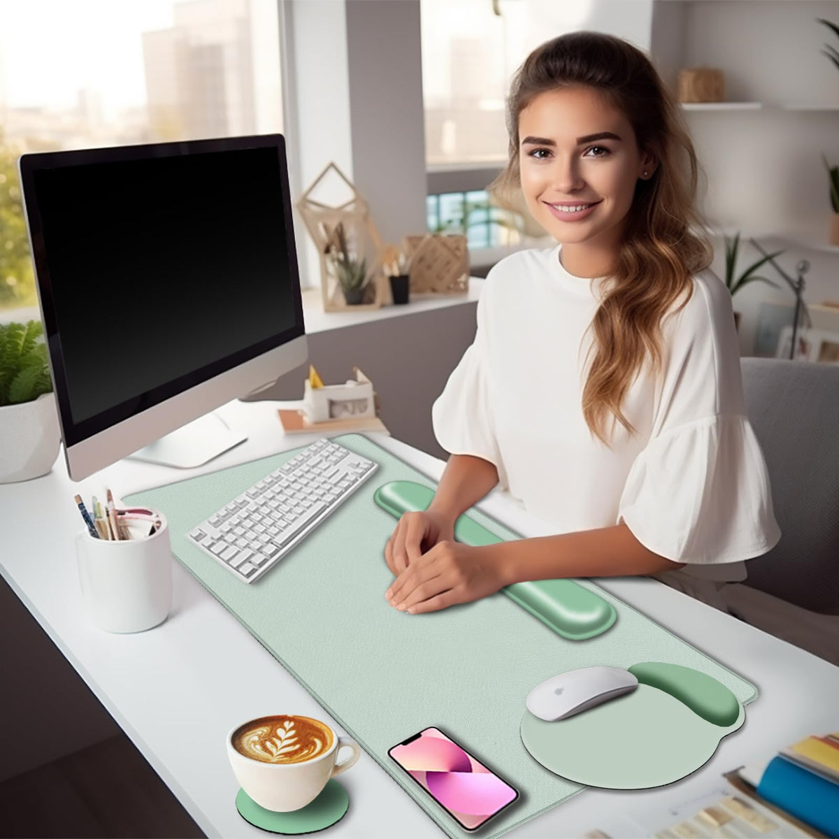 Black Striped Ergonomic Large Desk Mat Set with Wrist Rest