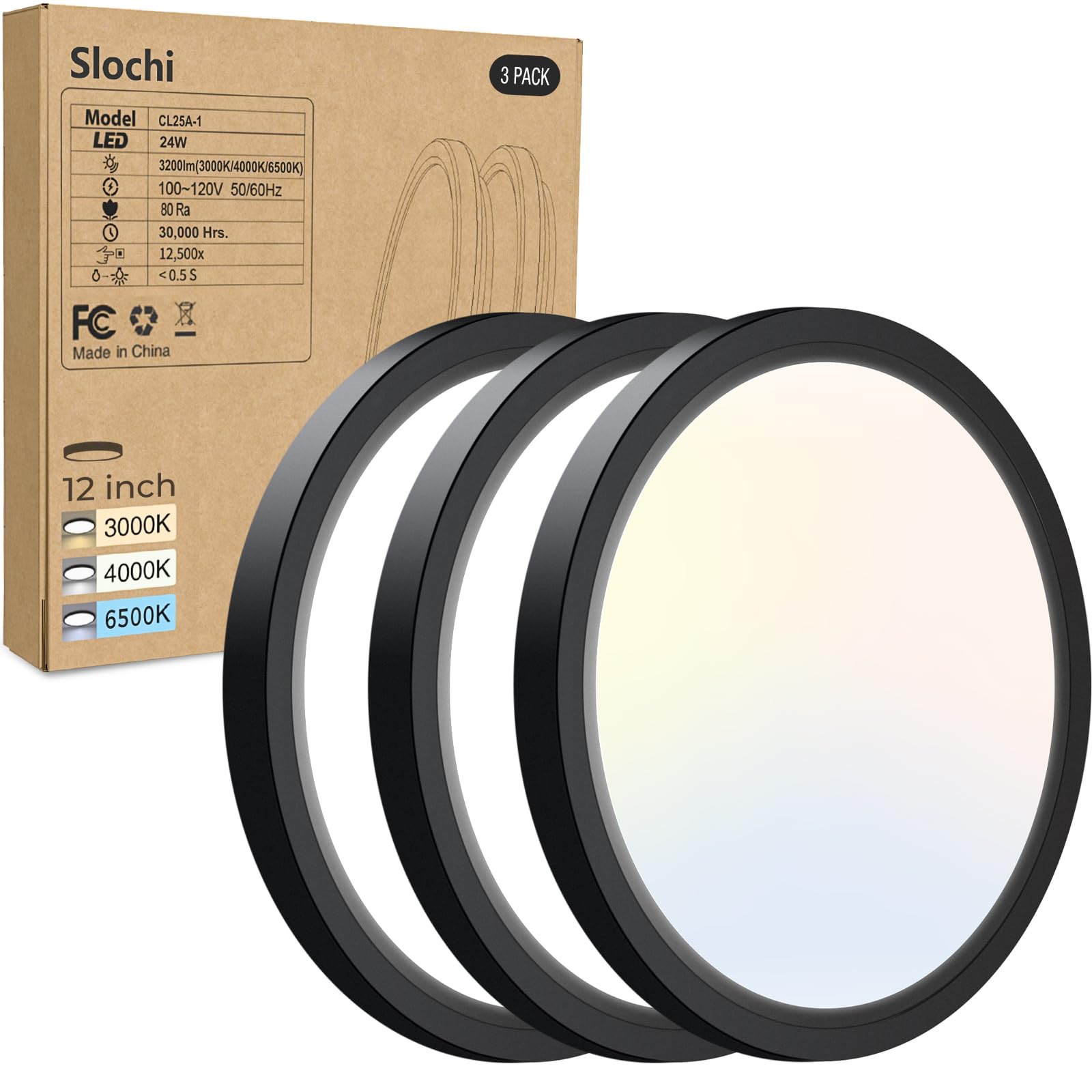 1PACK LED Flush Mount Ceiling Light Fixture, 3000K-4000K-6500K & 100W Equivalent Modern Kitchen Ceiling Lamp 15W 1500Lm 7.5 Inch Closet Round Surface for Bathroom Laundry Bedroom Hallway, Black
