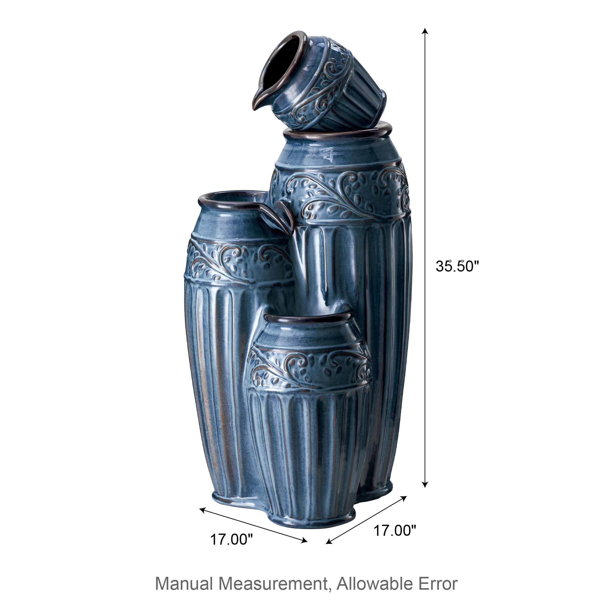 Glitzhome 27.25" H Outdoor Garden Water Fountain with LED Lights and Pump, 4 Tier Cobalt Blue Embossed Pattern Ceramic Pots Cascading Floor Standing Fountain for Porch Deck Patio Backyard Decoration