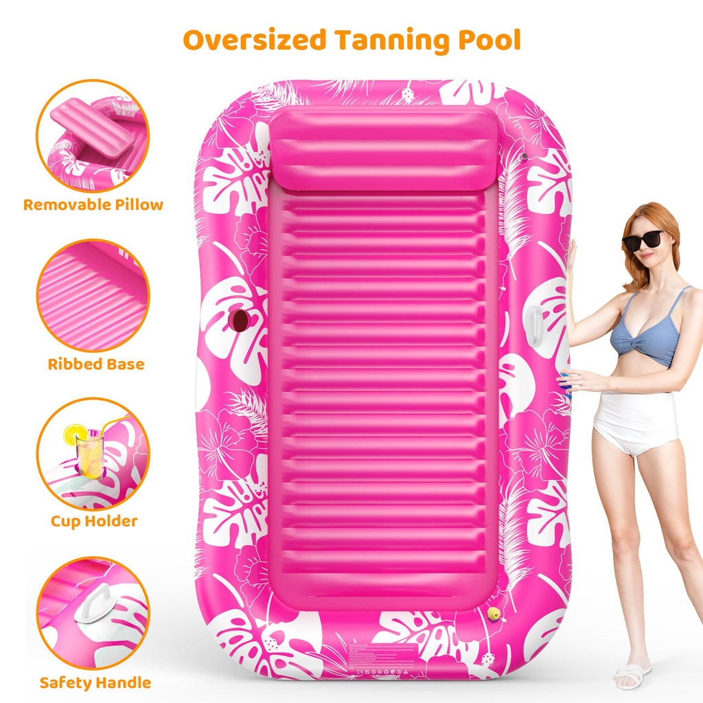 Inflatable Tanning Pool Lounger Float with Sprinkler, 77" x 48" Pool Floats Adult with Pillow, 6 in 1 Suntan Tub Raft Floatie with Drink Holder Sunbathing Water Lounge