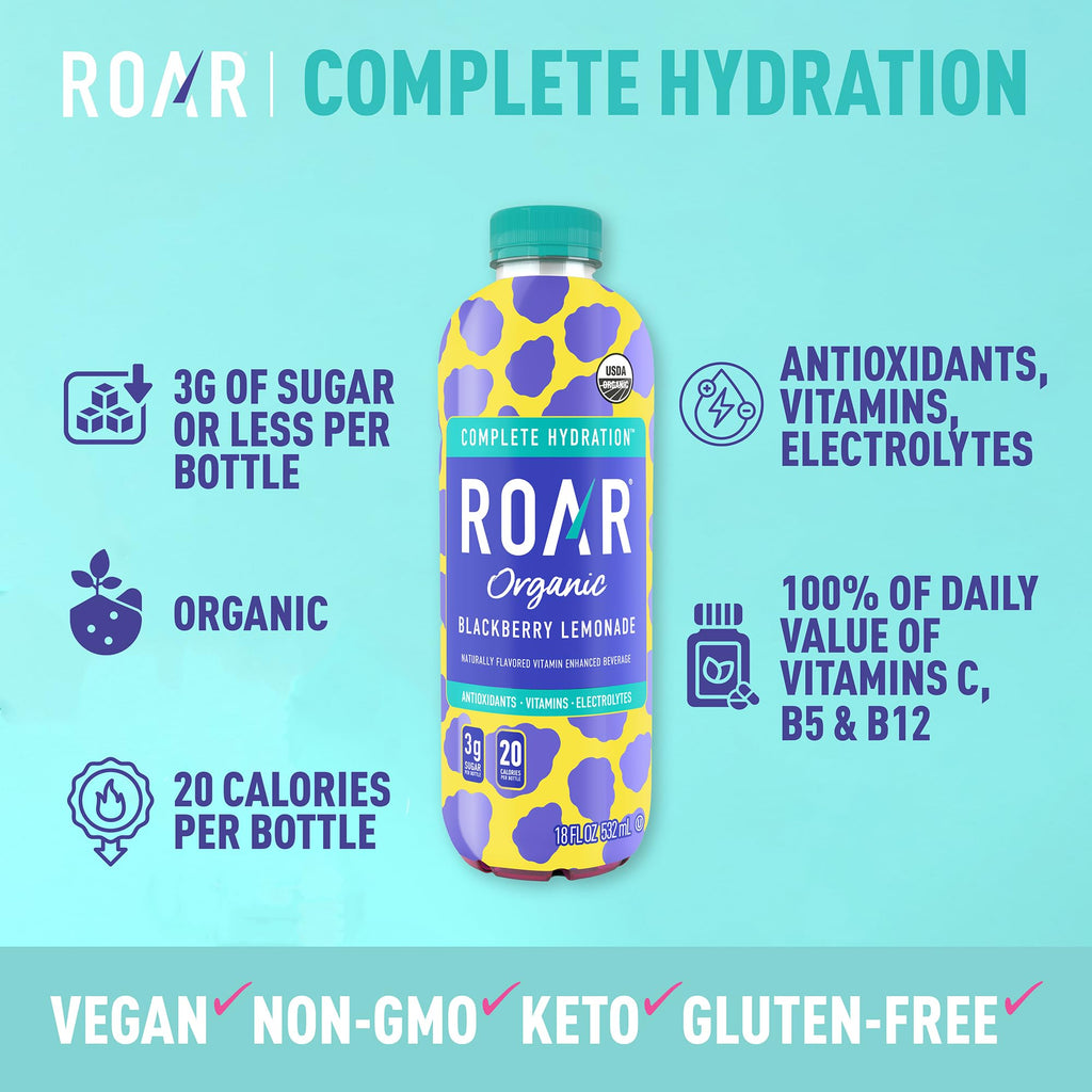 ROAR Complete Hydration Organic - Electrolyte Drinks Loaded with Vitamins C, B5, B12 - Non-GMO, Gluten-Free - Strawberry Lemonade - 12 pc