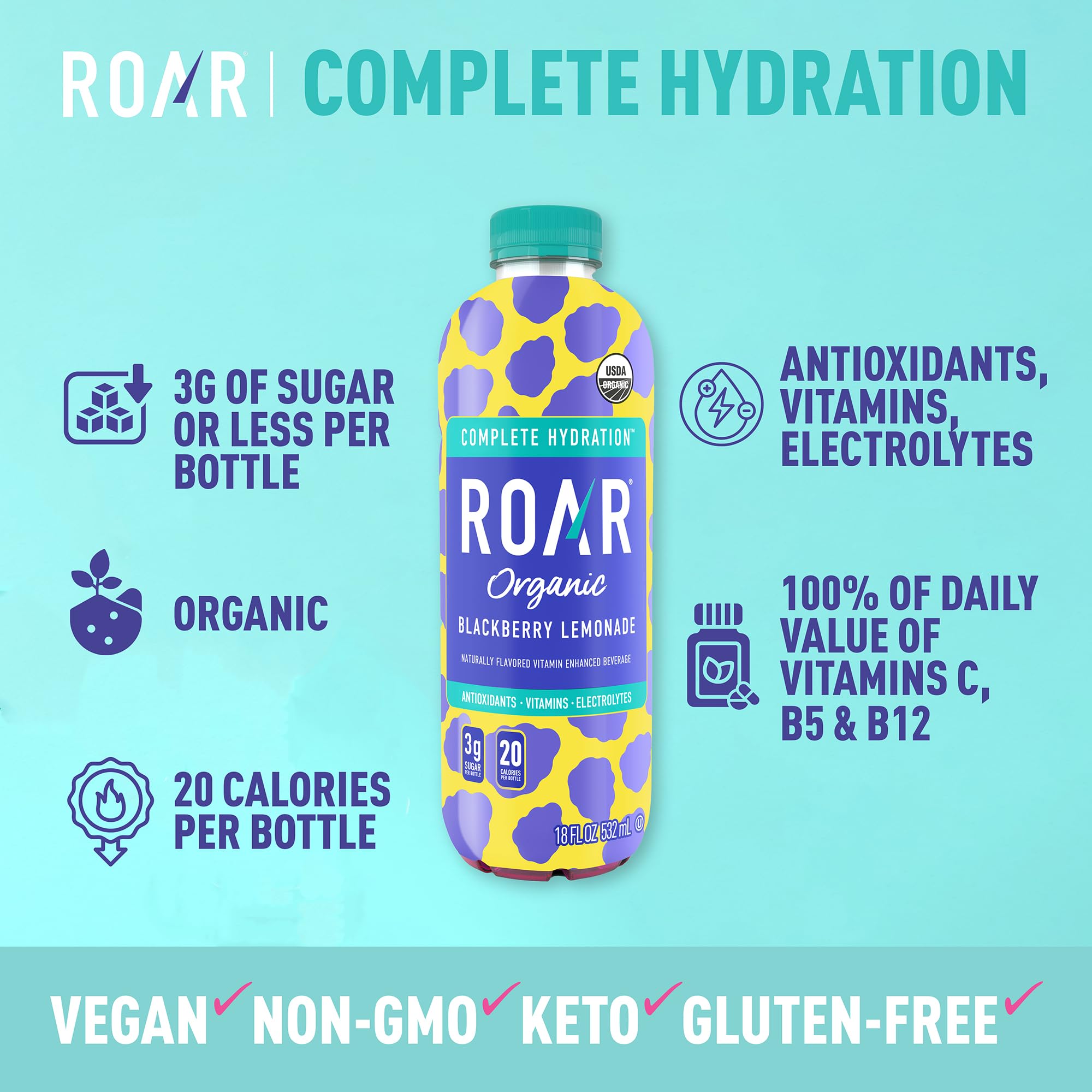 ROAR Complete Hydration Organic - Electrolyte Drinks Loaded with Vitamins C, B5, B12 - Non-GMO, Gluten-Free - Strawberry Lemonade - 12 pc