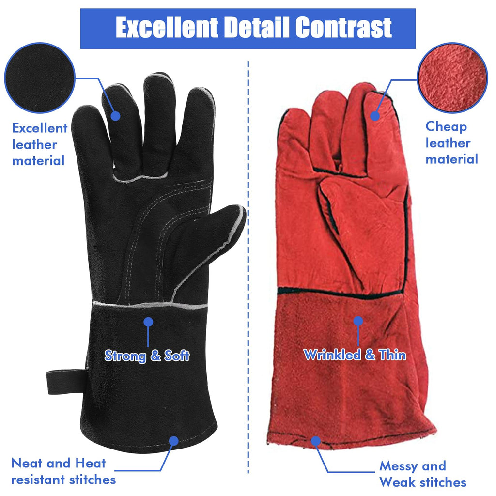 QeeLink Welding Gloves - Heat Resistant Leather and Fireproof Stitching for Fireplace Fire Pit Wood Stove BBQ Gardening Gear