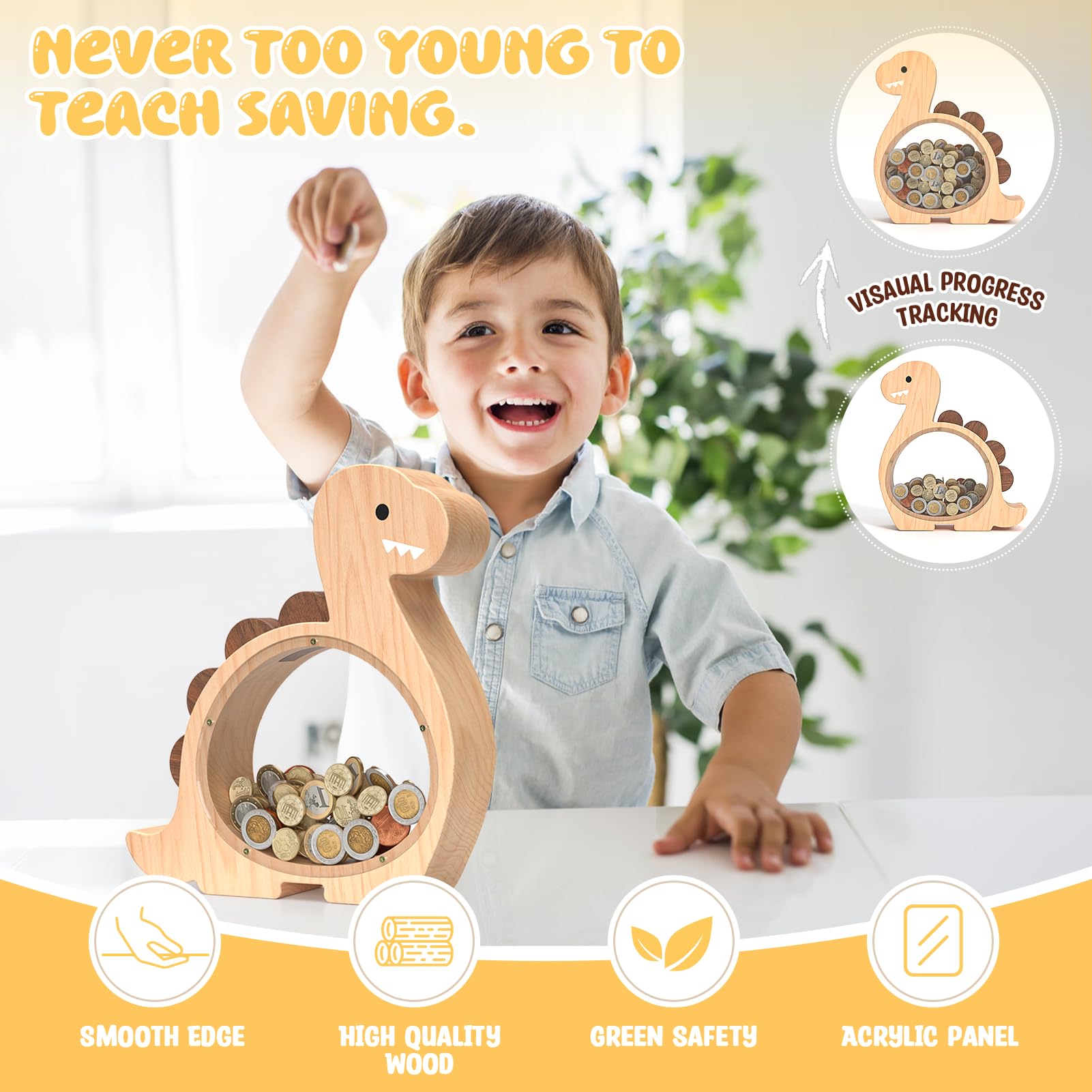 Summidate Wooden Dinosaur Piggy Bank for Kids Boys, Cute Wood Dino Money Bank for Toddlers, Creative Saving Coin Jar, Personalized Present for Child Birthday & Decor (Brachiosaurus, Custom)