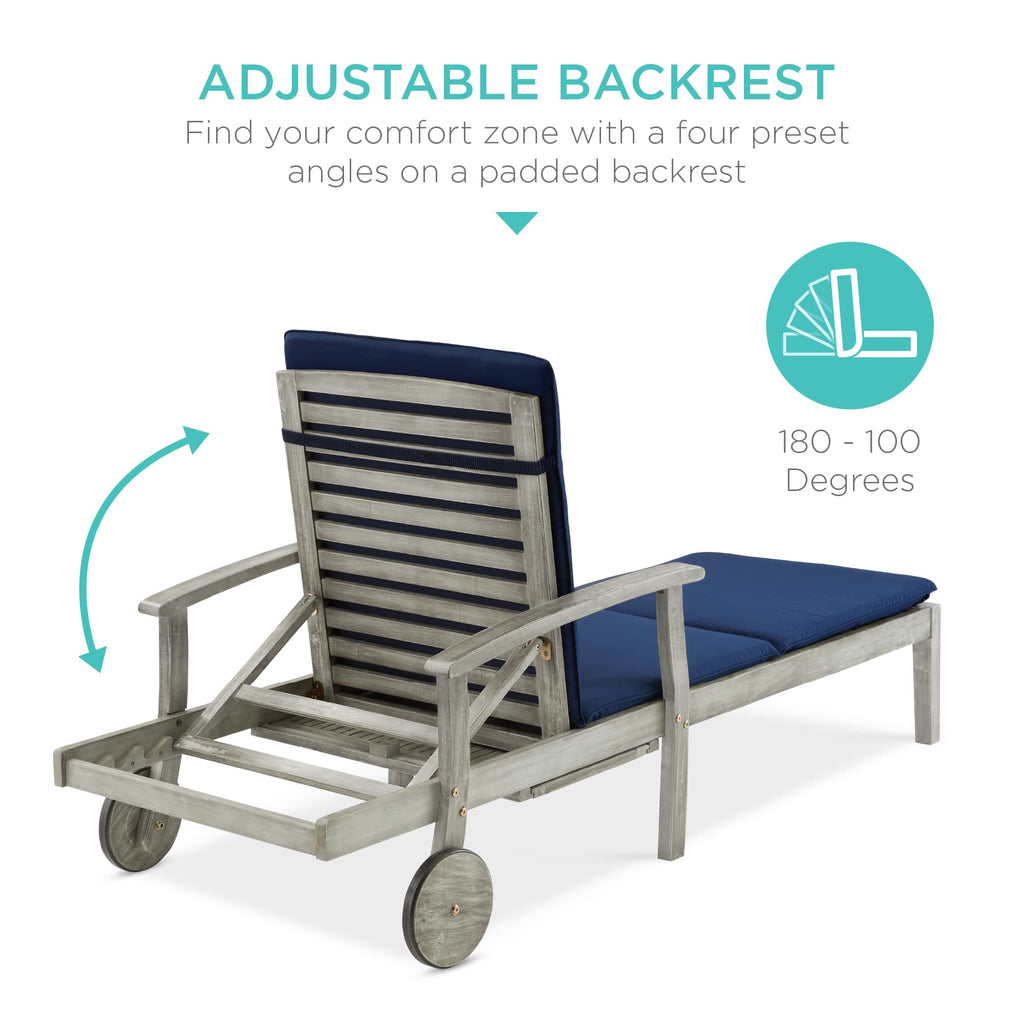 Best Choice Products 79x26in Acacia Wood Chaise Lounge Chair Recliner, Outdoor Furniture for Patio, Poolside w/Slide-Out Side Table, Foam-Padded Cushion, Adjustable Backrest, Wheels - Gray/Cream