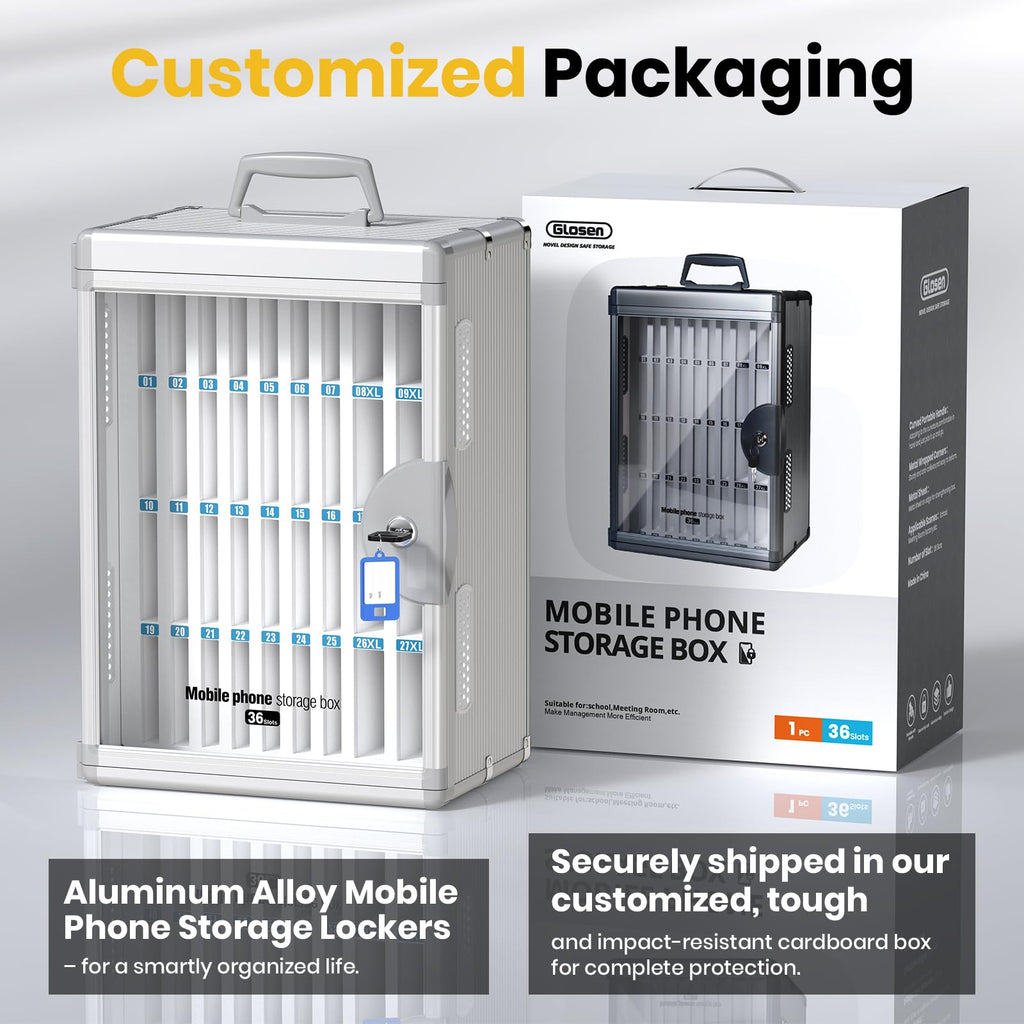 Glosen Cell Phone Locker 24 Slots, Portable Phone Storage Cabinet [Wall Mounted] [Silver 24 Slots-Universal Key ] Aluminum Alloy Cellphone Lock Box with Key & Handle for School Classroom Office Exam