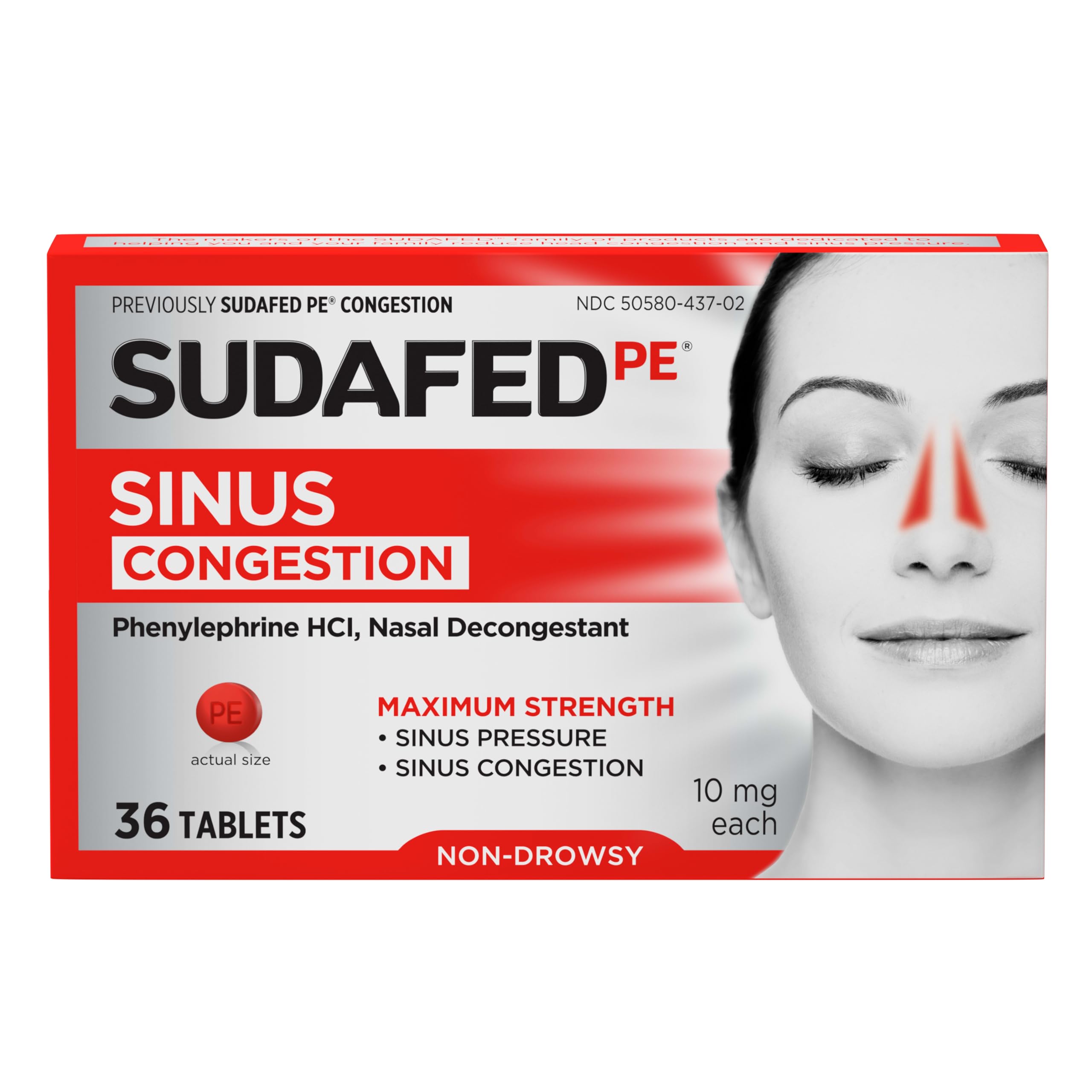 Sudafed, PE Sinus Congestion Relief Tablets, Maximum Strength, Non-Drowsy 10 mg Phenylephrine HCI Decongestant for Sinus Pressure and Nasal Congestion Relief from colds or Allergies, 18 Count