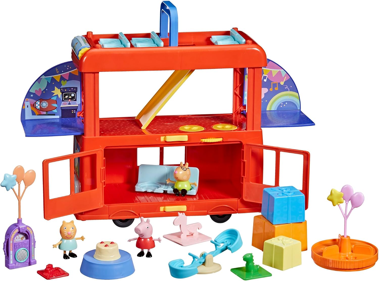 Peppa Pig 2-in-1 Party Bus Playset with 3 Figures and 13 Accessory Pieces, Preschool Toys for Girls and Boys, Kids Gifts, Ages 3+
