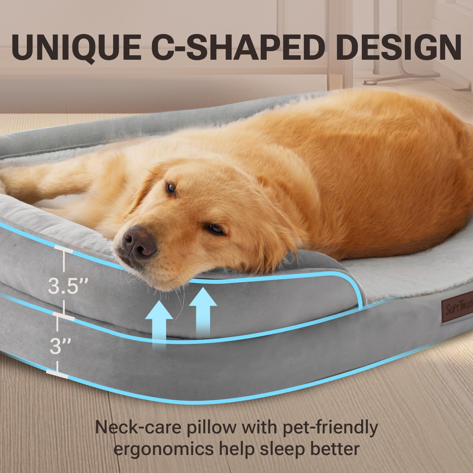 Soft Touch Orthopedic Dog Bed for Large Dogs with Faux Fur Top, Waterproof Pet Couch Bed with Removable Washable Cover and Supportive Foam Filling (Grey, Large)