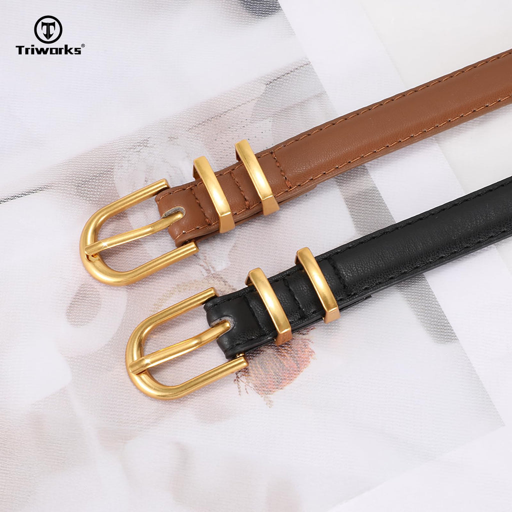 TRIWORKS 2 Pack Women Skinny Leather Belts for Jeans Pants Thin Faux Leather Belt with Gold Buckle