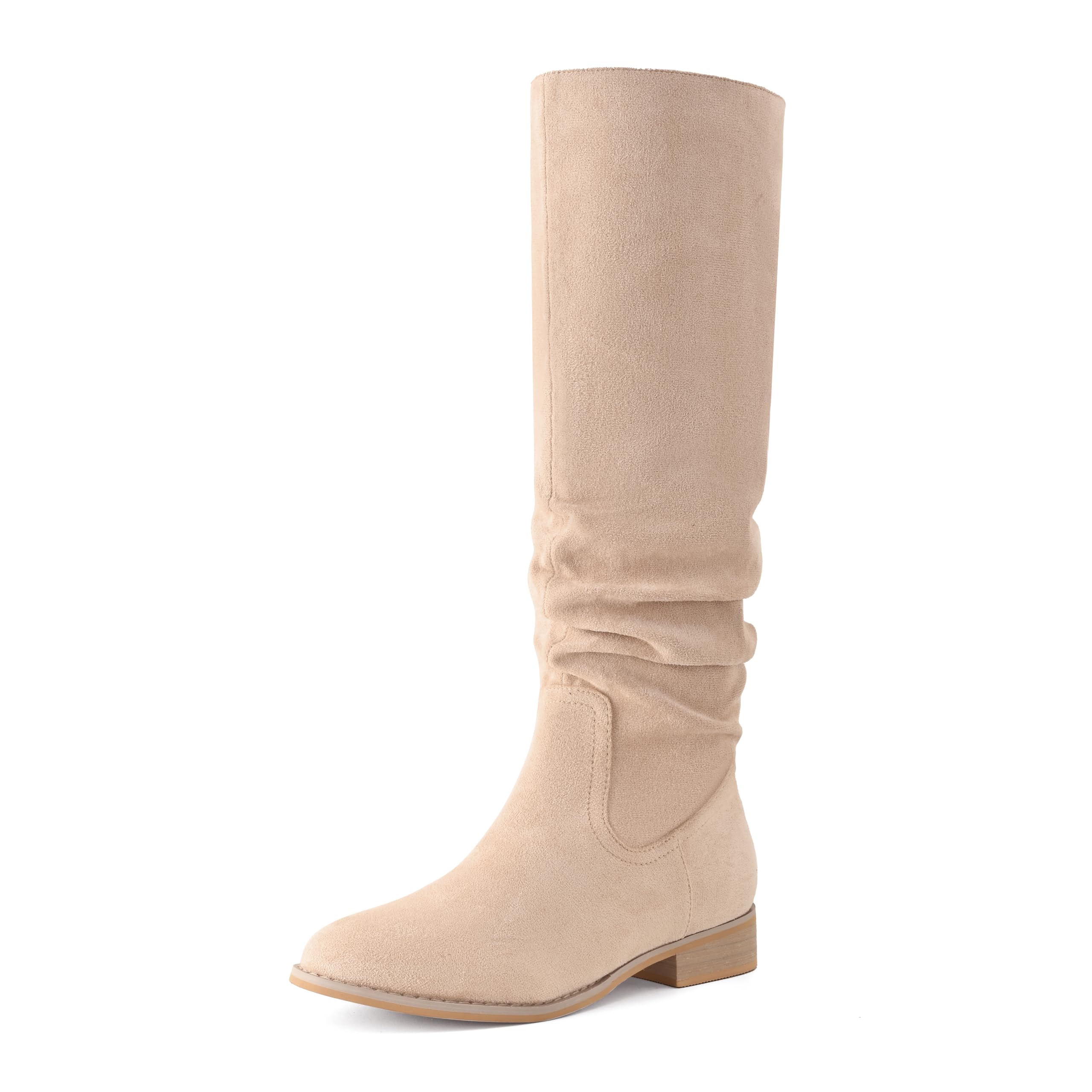 Shoe'N Tale Women's Knee High Boots Flat Low Heel Slouch Pointed Toe Winter Shoes with Side Zipper