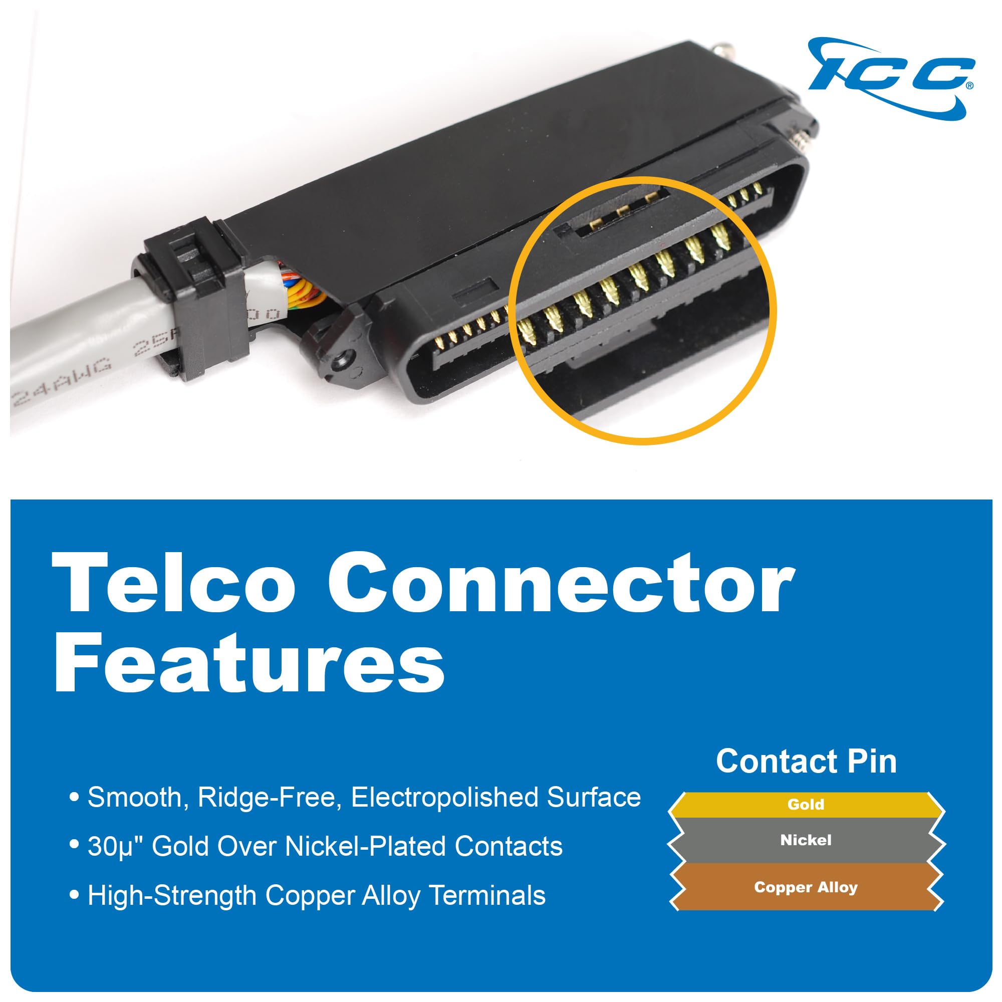 ICC Female to Female 25 Pair Telco Cable 5ft - Cat3 24AWG, 100% Solid Pure Copper, Gray Riser CMR Cable with 90 Degree 50 Pin Telco Connector for Voice and Low Data PBX Applications, 5 Feet