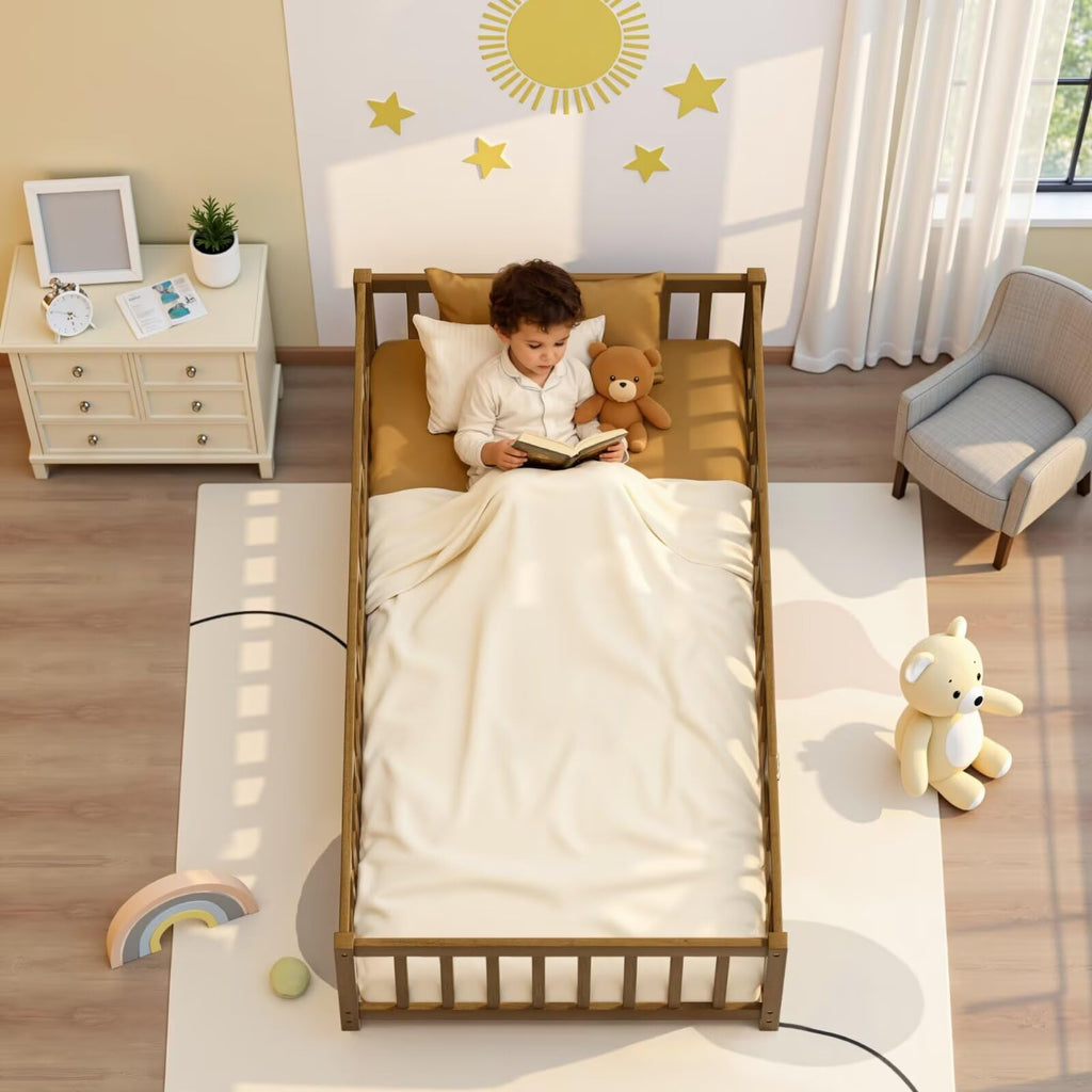 i-POOK Queen Floor Bed for Children, Sturdy Wood Montessori Bed Frame with Wood Slats, High Fence & Small Door for Girls and Boys, Espresso (with Bed Slats)