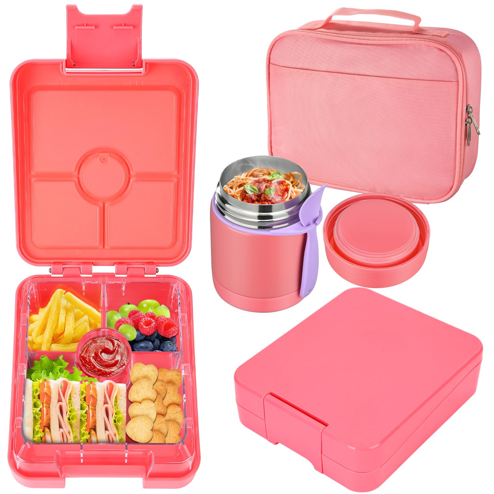 Bento Lunch Box Set for Kids with 10oz Soup Thermo, Leak-Proof Lunch Containers with 4 Compartment, Kids Thermo Hot Food Jar and Insulated Lunch Bag for Kid to School,BPA-Free(Basketball)