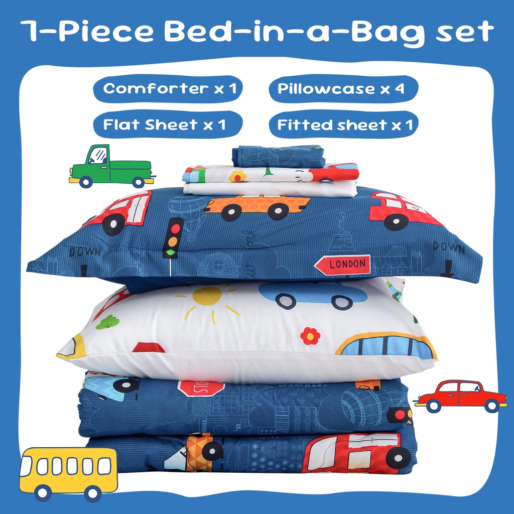Wajade 7 Piece Blue Bow Comforter Set for Girls Kids Twin Size Bedding Set with Sheet and 2 Pillowcases 2 Pillow Shams Cute Girls Bed in a Bag as Birthday Choice