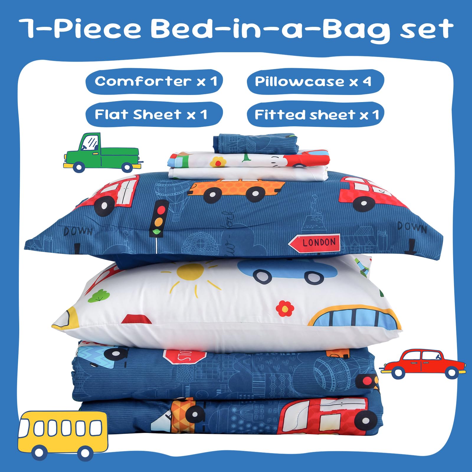 Wajade 7 Piece Blue Bow Comforter Set for Girls Kids Twin Size Bedding Set with Sheet and 2 Pillowcases 2 Pillow Shams Cute Girls Bed in a Bag as Birthday Choice