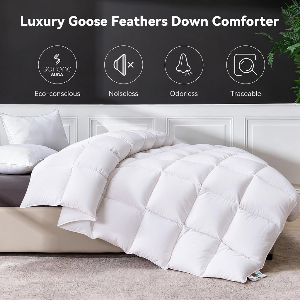 Goose Feather Down Fiber Comforter King Size, Ultra Soft Medium Warm Duvet Insert, All Season Luxury Hotel Bedding Comforters with Corner Tabs(White,106x90)