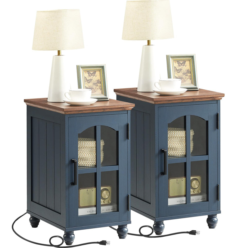 Narrow Side Table,Farmhouse Nightstand with Charging Station,Wood End Table with Glass Barn Door Storage, Cabinet Organizer with Adjustable Shelf, Night Stand for Small Spaces for Living Room Bedroom